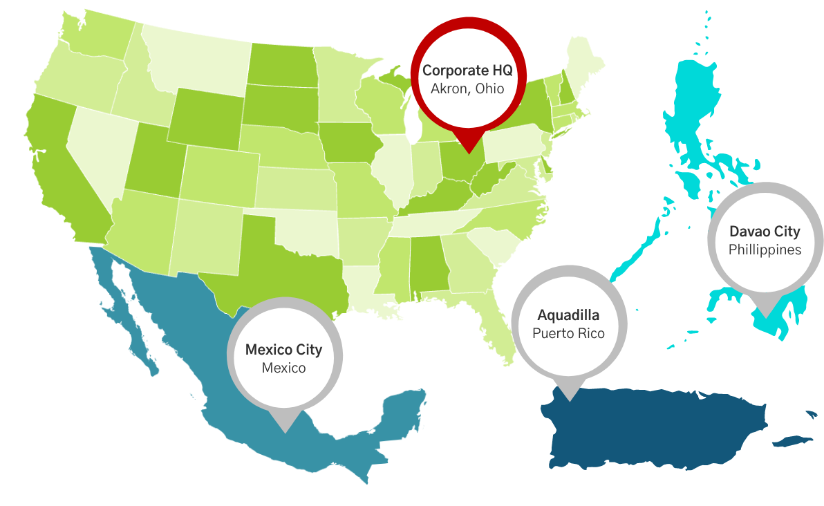 Map of United States, Puerto Rico, the Philippines and Mexico, where InfoCision has call center locations