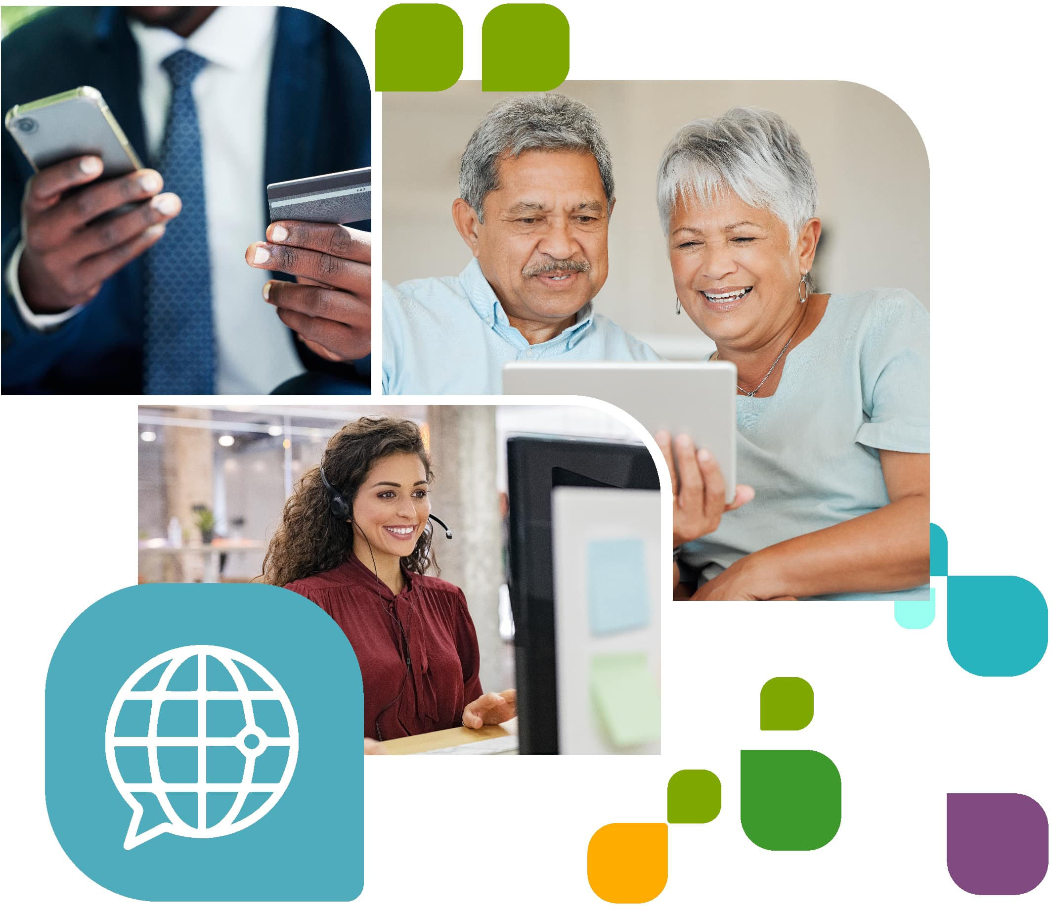 Multi-image display of InfoCision’s customer service excellence, including live agents, digital channels, quality assurance processes, and scalable global contact center operations