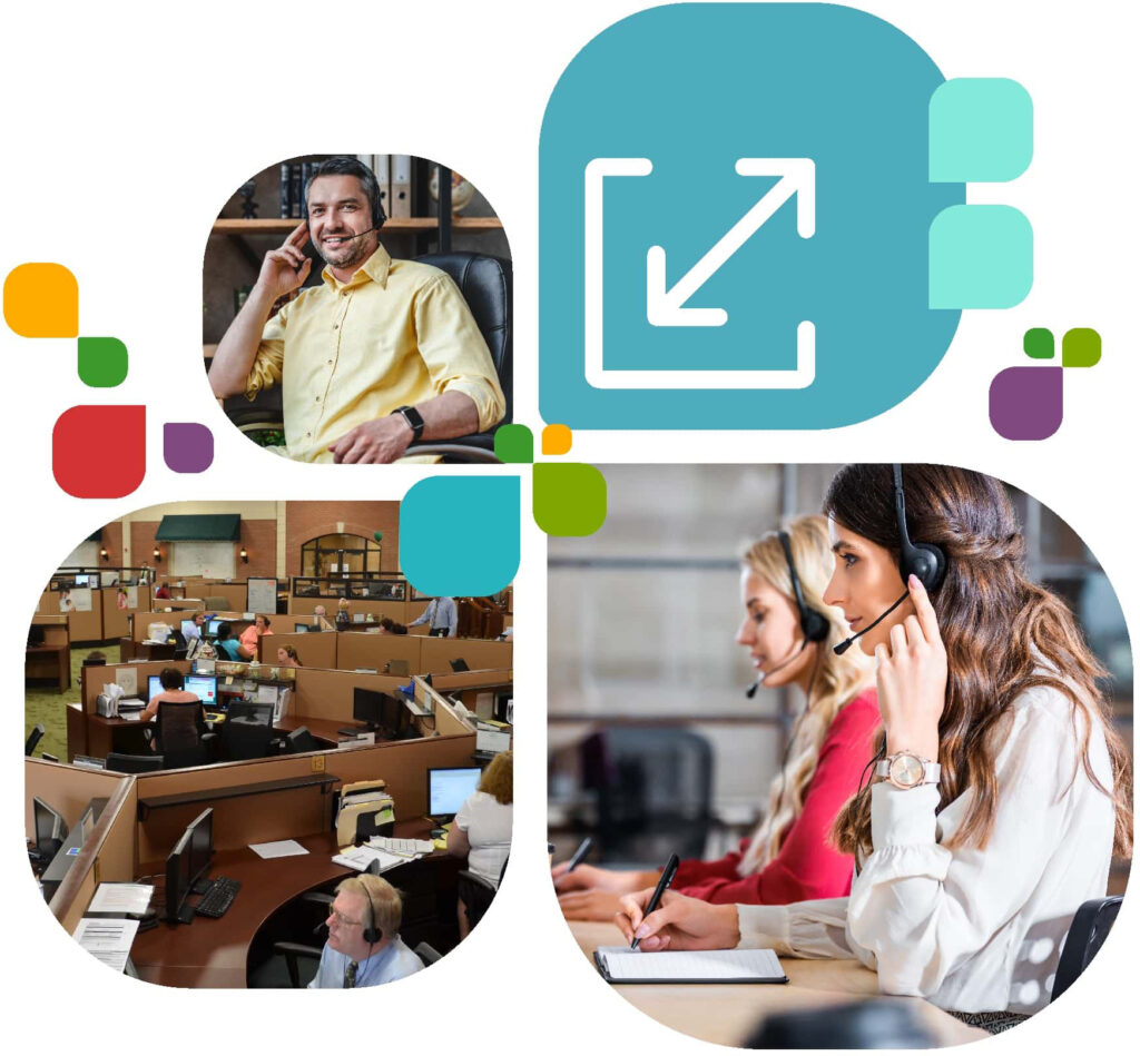 Collage of InfoCision’s omnichannel customer engagement services, featuring call center agents, AI-powered tools, and global support operations delivering world-class customer experiences.