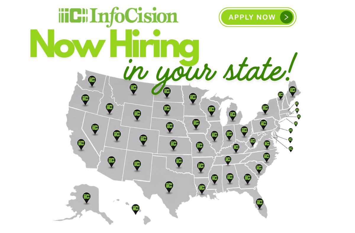 InfoCision Hiring in Every State Map of the United States with InfoCision Pins representing that they are hiring Contact Center Agents nationwide.