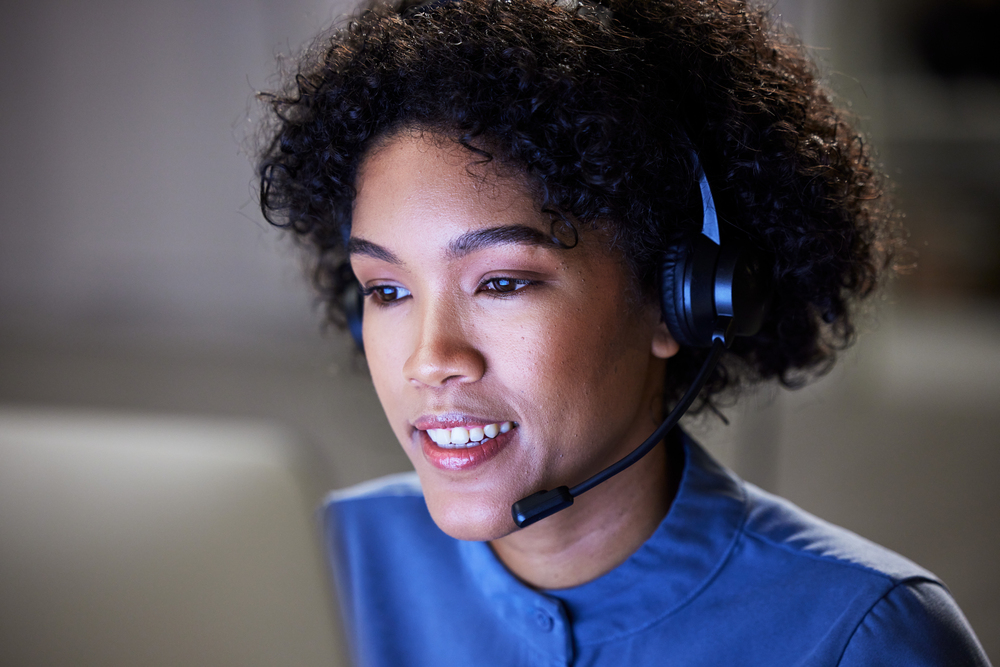 Computer, customer support face and business woman communication, contact center and reading bank account info. Loan advisory, night services and insurance agent telemarketing on online sales pitch Home improvement call center delivering consistent quality and improving customer satisfaction through professional inbound and outbound support